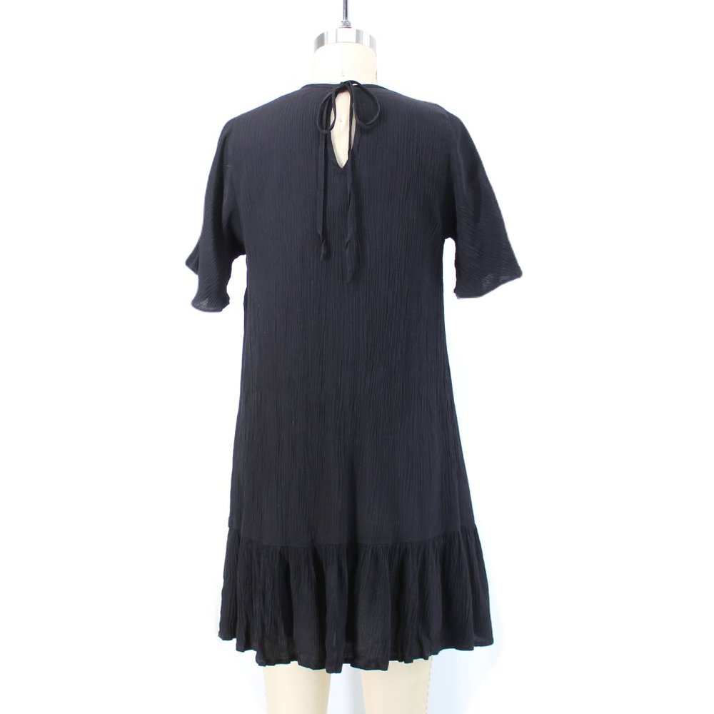 Rue Stiic Crinkle Textured Mini Dress Flutter Sleeve Keyhole Tie Black Small - Picture 2 of 16